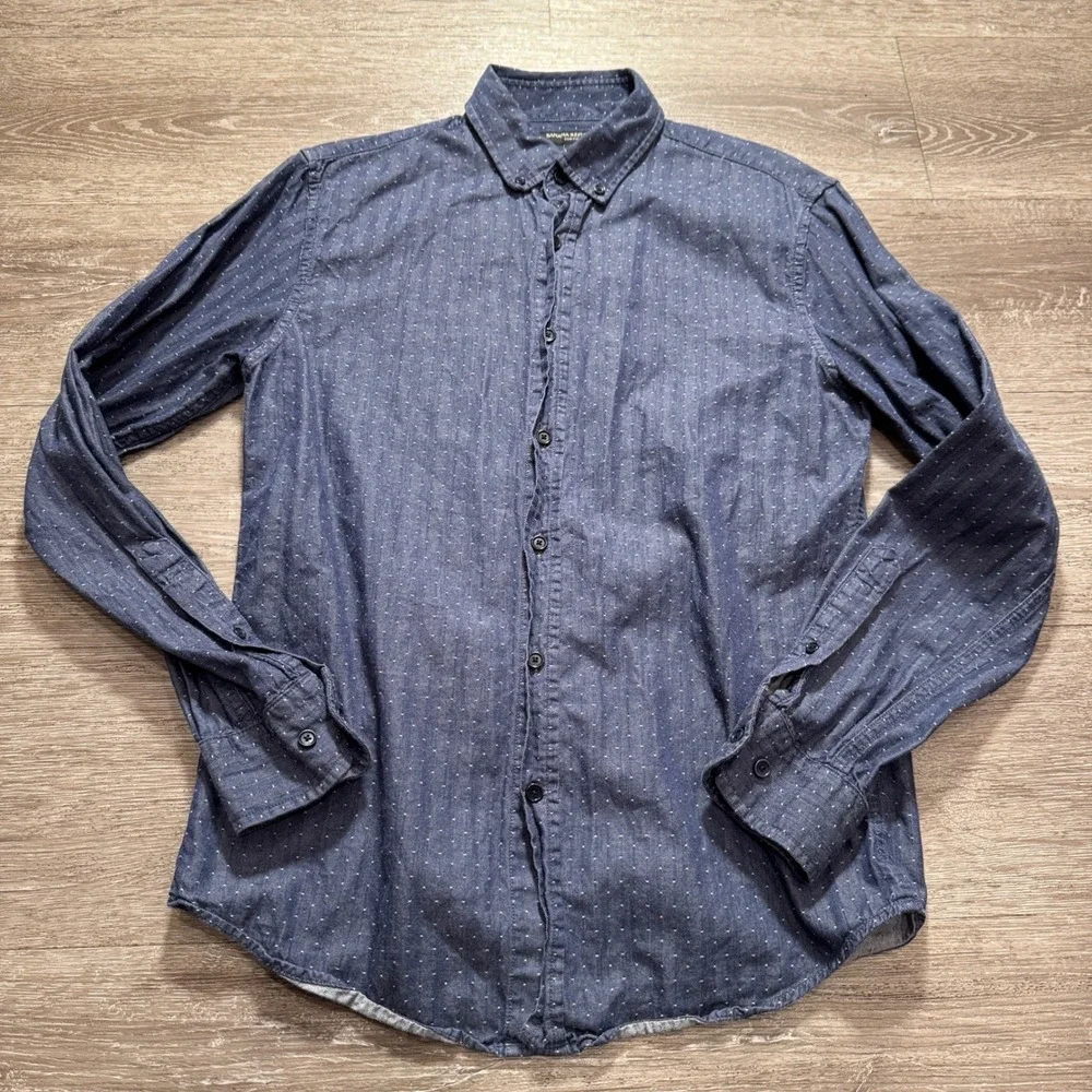 Banana Republic Shirt Mens S Blue Polka Dot Herringbone Slim Button Up Casual